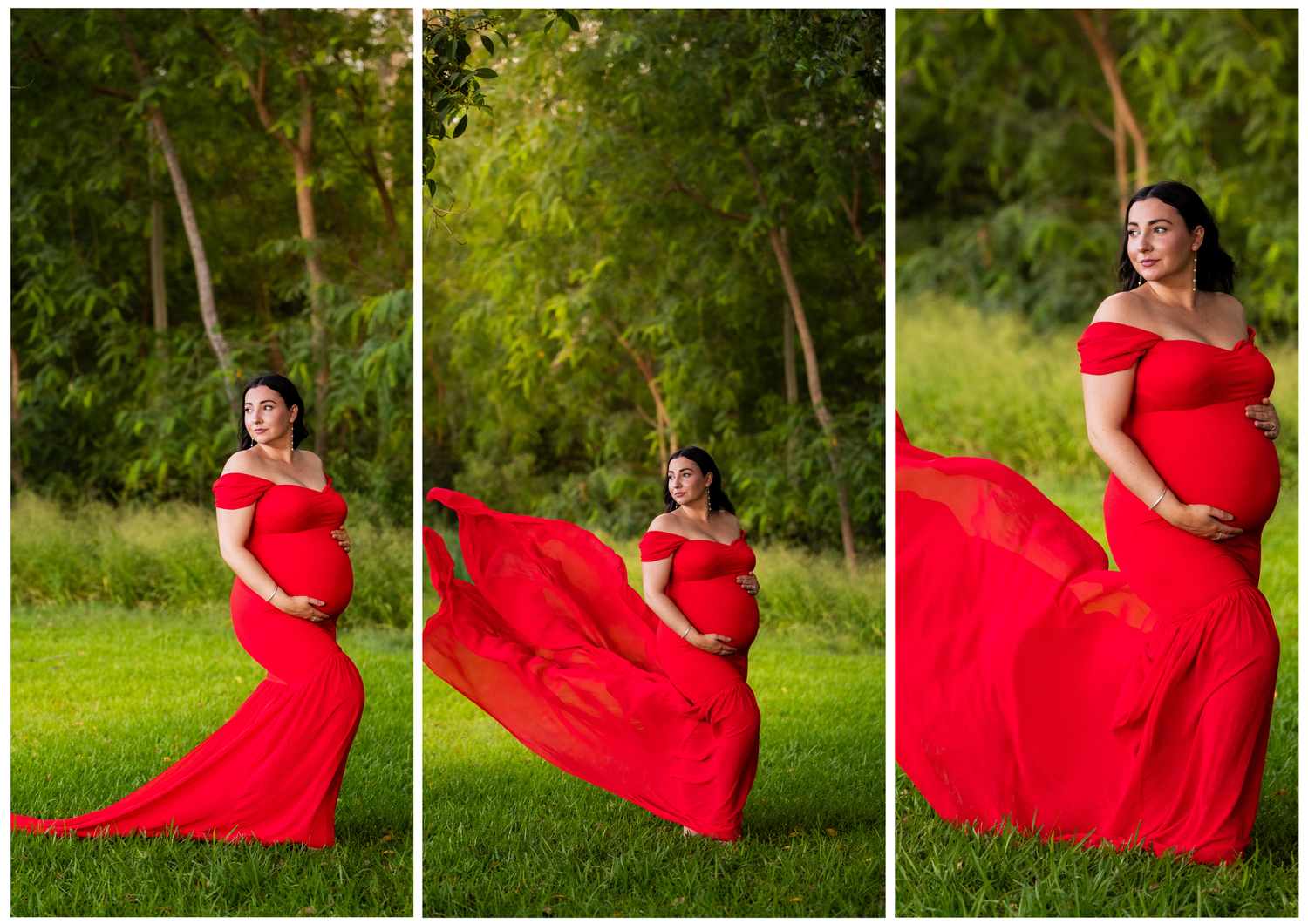 Dramatic maternity photos featuring flowing red dress in natural outdoor setting.