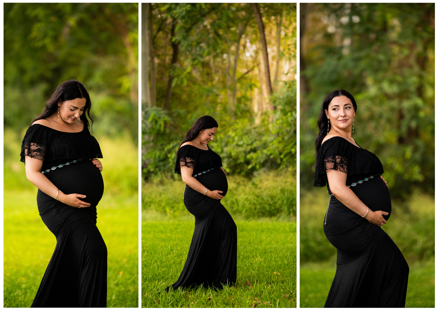 Elegant black dress maternity photos captured in a lush green garden setting.