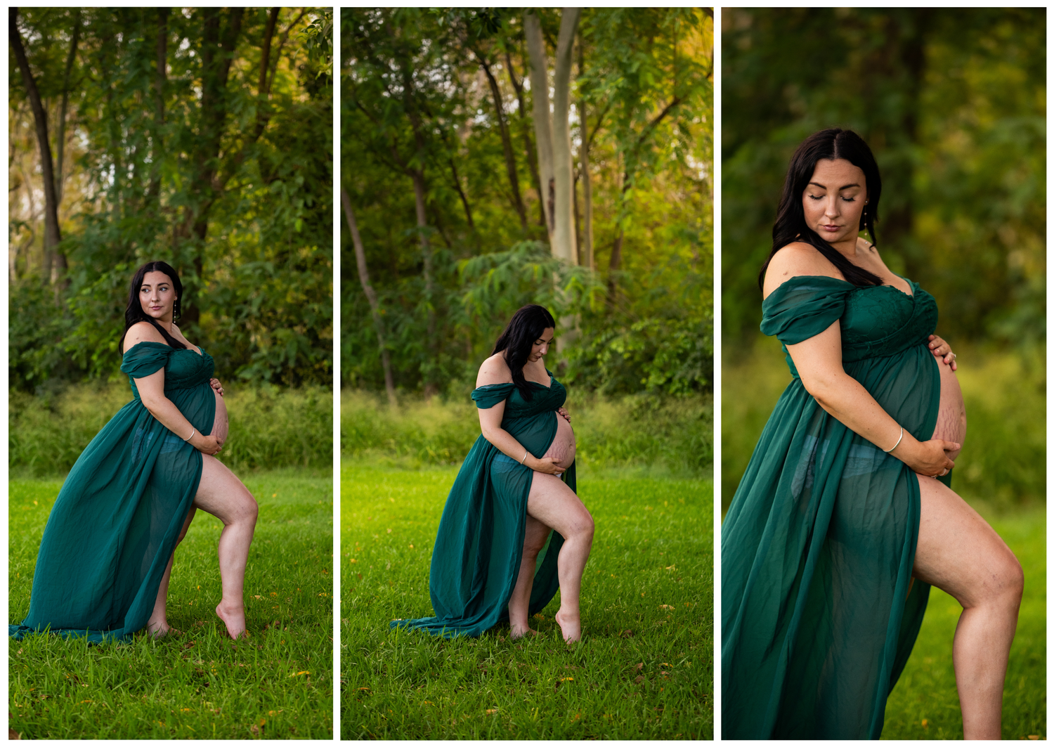 A flowing emerald green dress creates elegant poses against a natural outdoor backdrop during a maternity photoshoot.