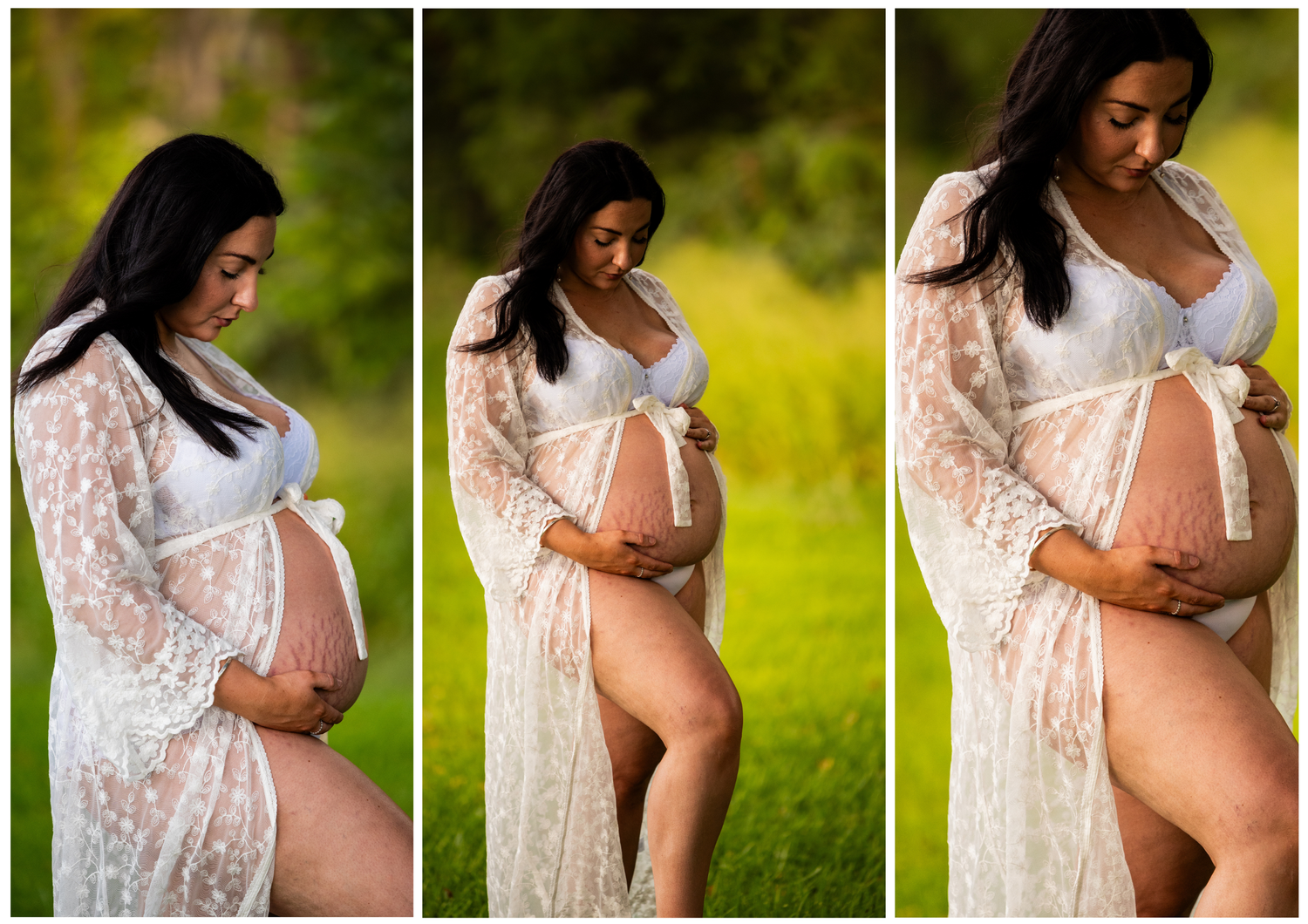 Intimate maternity portraits in white lace robe against forest setting.