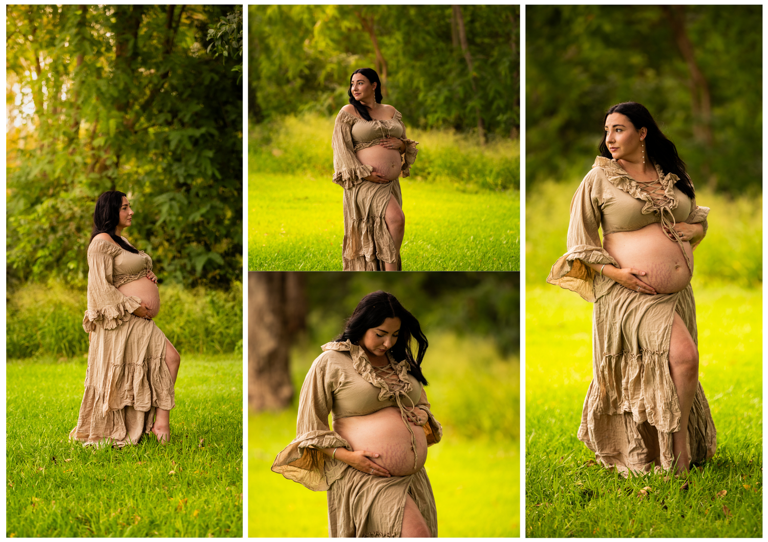 Artistic maternity photos in flowing beige dress with natural forest background.