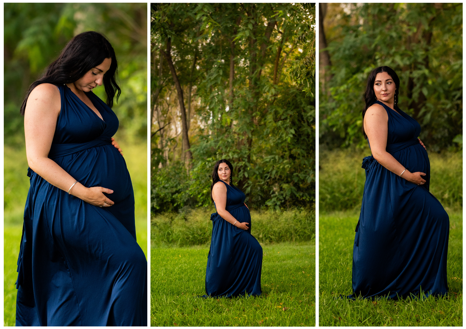 Deep navy blue dress creates elegant maternity portraits in a garden setting.