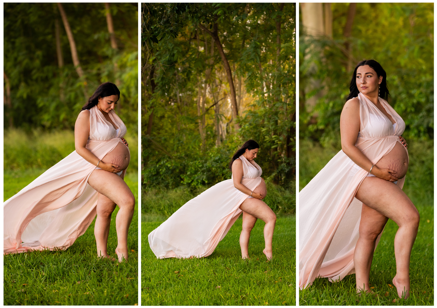 Soft pink dress creates romantic maternity portraits in a natural outdoor setting.