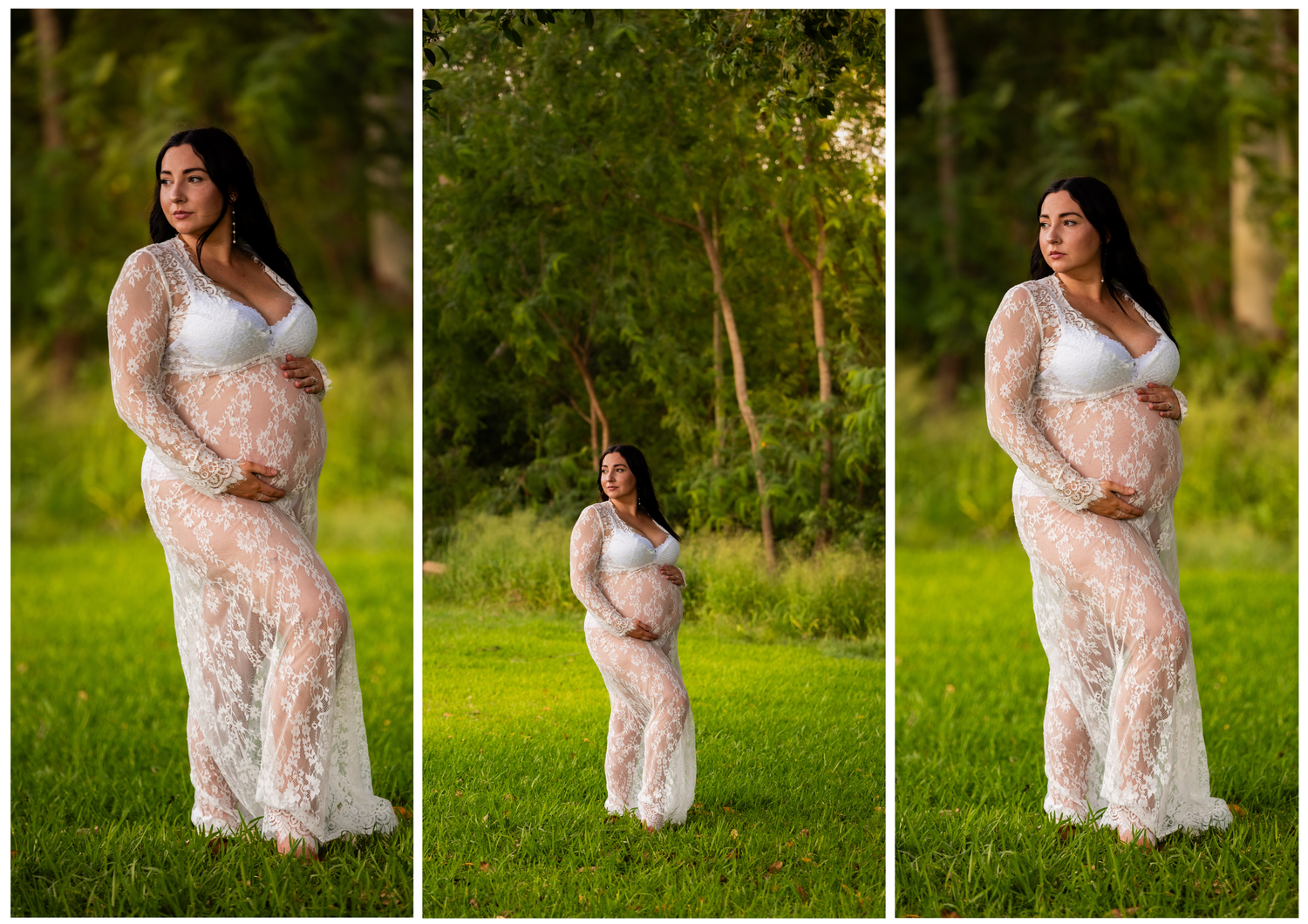 Maternity portraits in white lace dress against natural woodland setting.