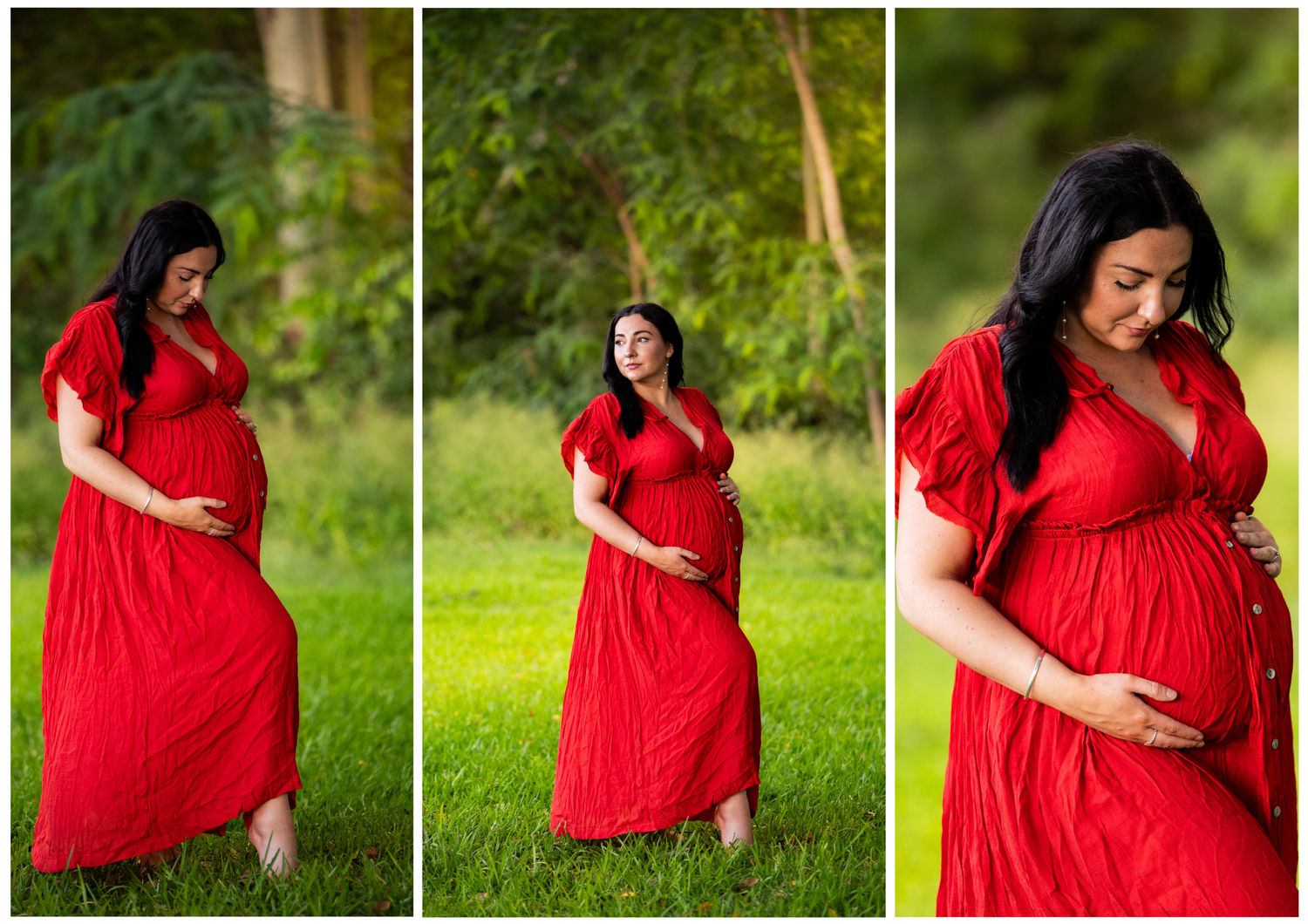 A vibrant red dress flows gracefully during an outdoor maternity photo session in a sunlit garden setting.