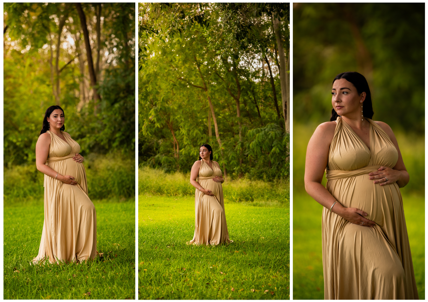 Elegant maternity portraits in a gold dress against lush green outdoor backdrop.