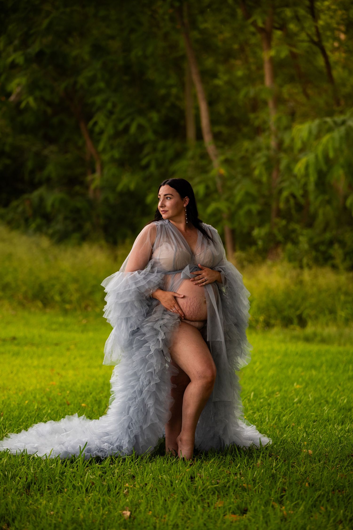 A dramatic maternity portrait in a flowing grey gown against a green forest backdrop.