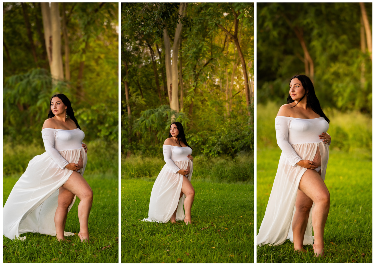 Artistic maternity photos in a flowing white dress against a natural outdoor backdrop.