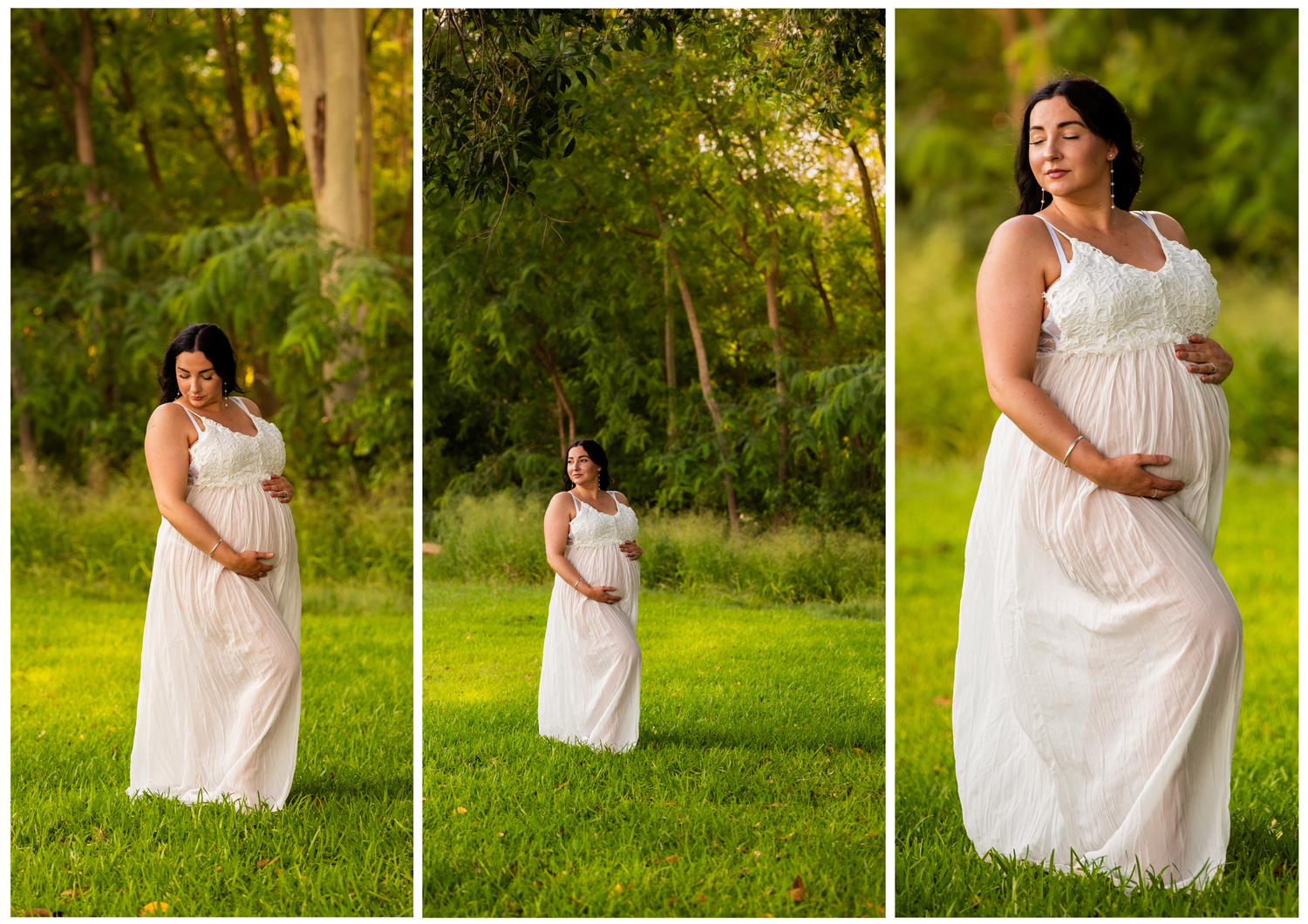 Ethereal white dress maternity photos captured in a sunlit garden landscape.