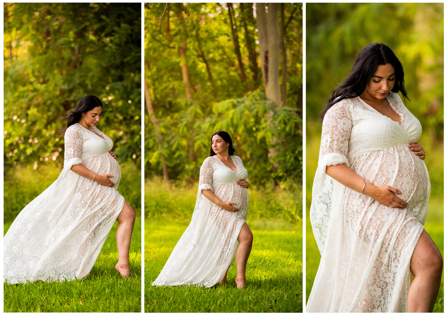 Maternity portrait session in white lace dress with outdoor garden backdrop.