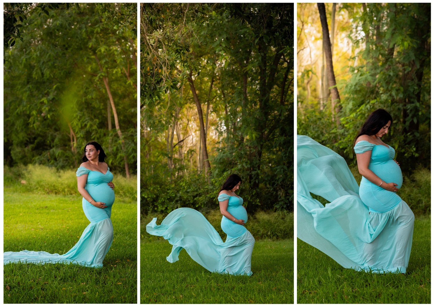 Maternity portrait series in flowing turquoise dress against forest backdrop.