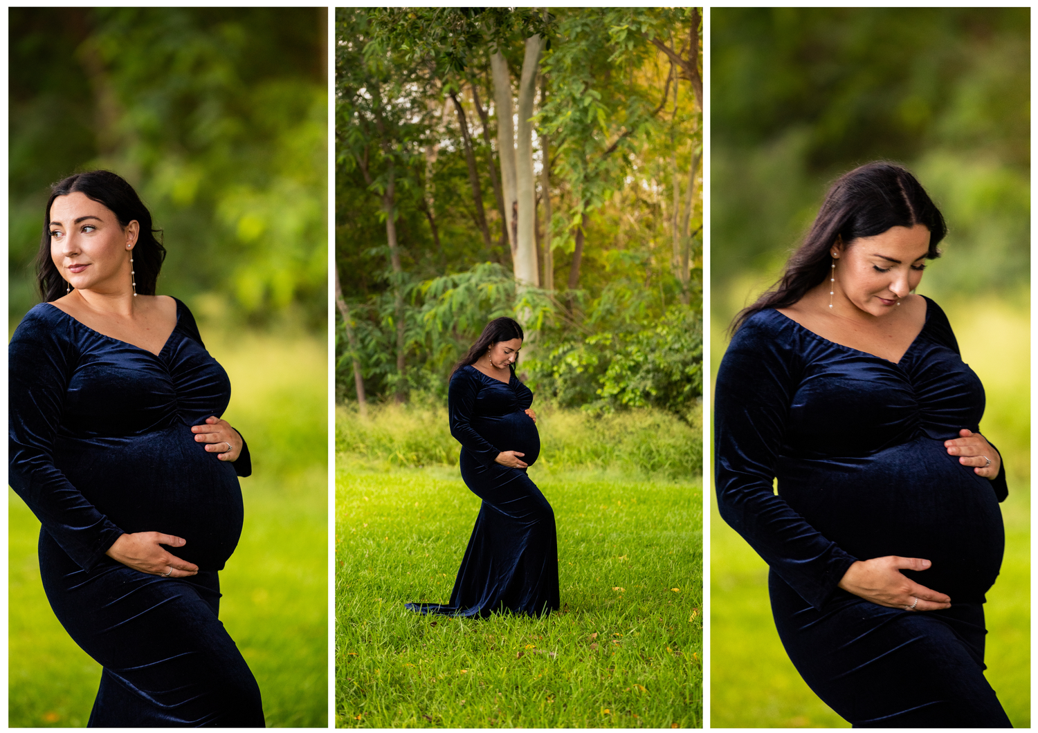 Maternity portraits in a navy blue dress showcase gentle moments in a garden setting.