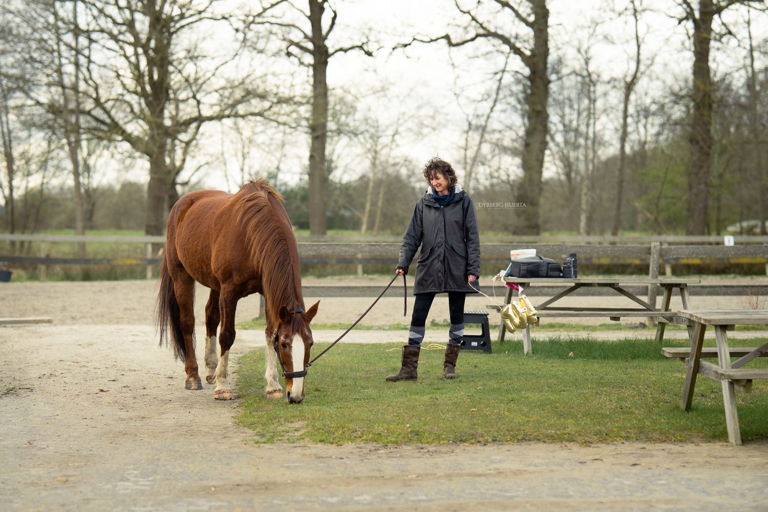 A woman in a dark jacket leading a chestnut horse by a rope in an outdoor equestrian facility.