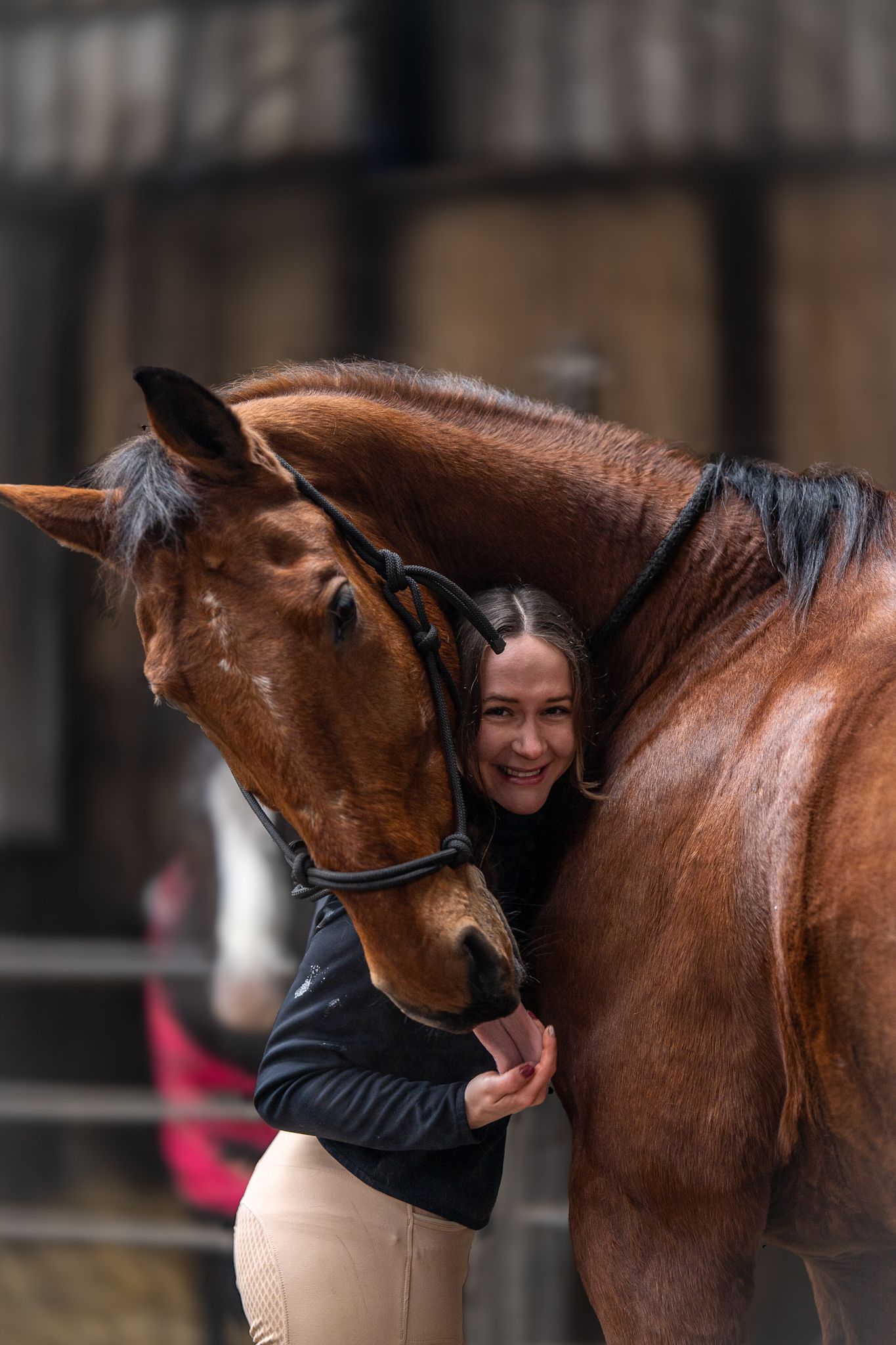 A smiling woman being nuzzled by a chestnut horse while standing in an equestrian stable.