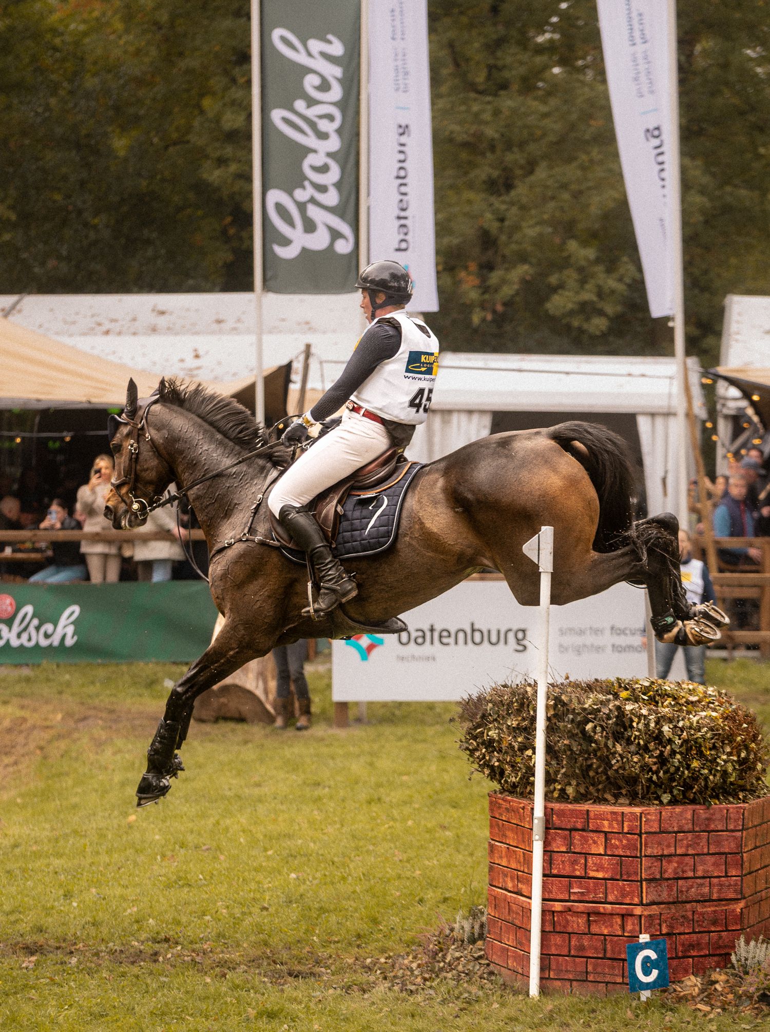 Equestrian rider on bay horse jumping obstacle at Grolsch-sponsored cross-country event competition.