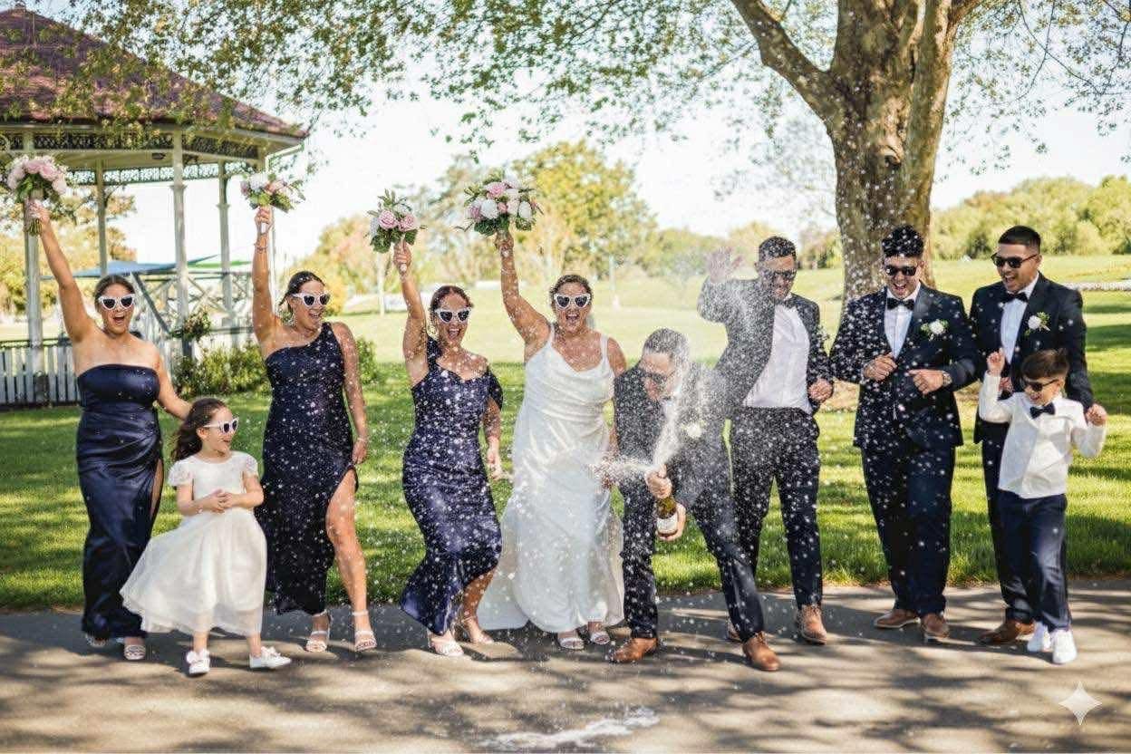 Wedding party celebrating outdoors, bride and bridesmaids in navy dresses cheering with champagne spray near a park gazebo.