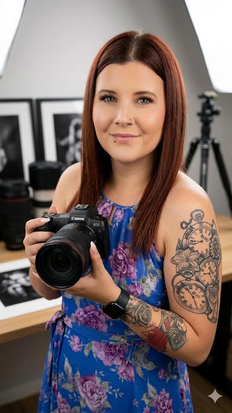 A photographer in a floral dress holds a Canon camera while displaying colorful sleeve tattoos in a studio setting.