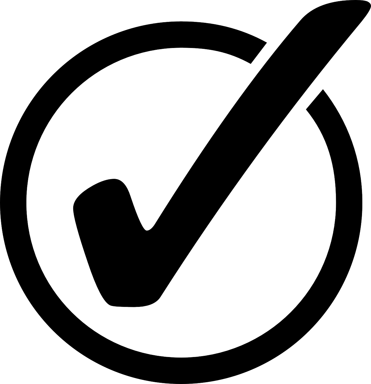 A graphic: a black circle with a check mark.