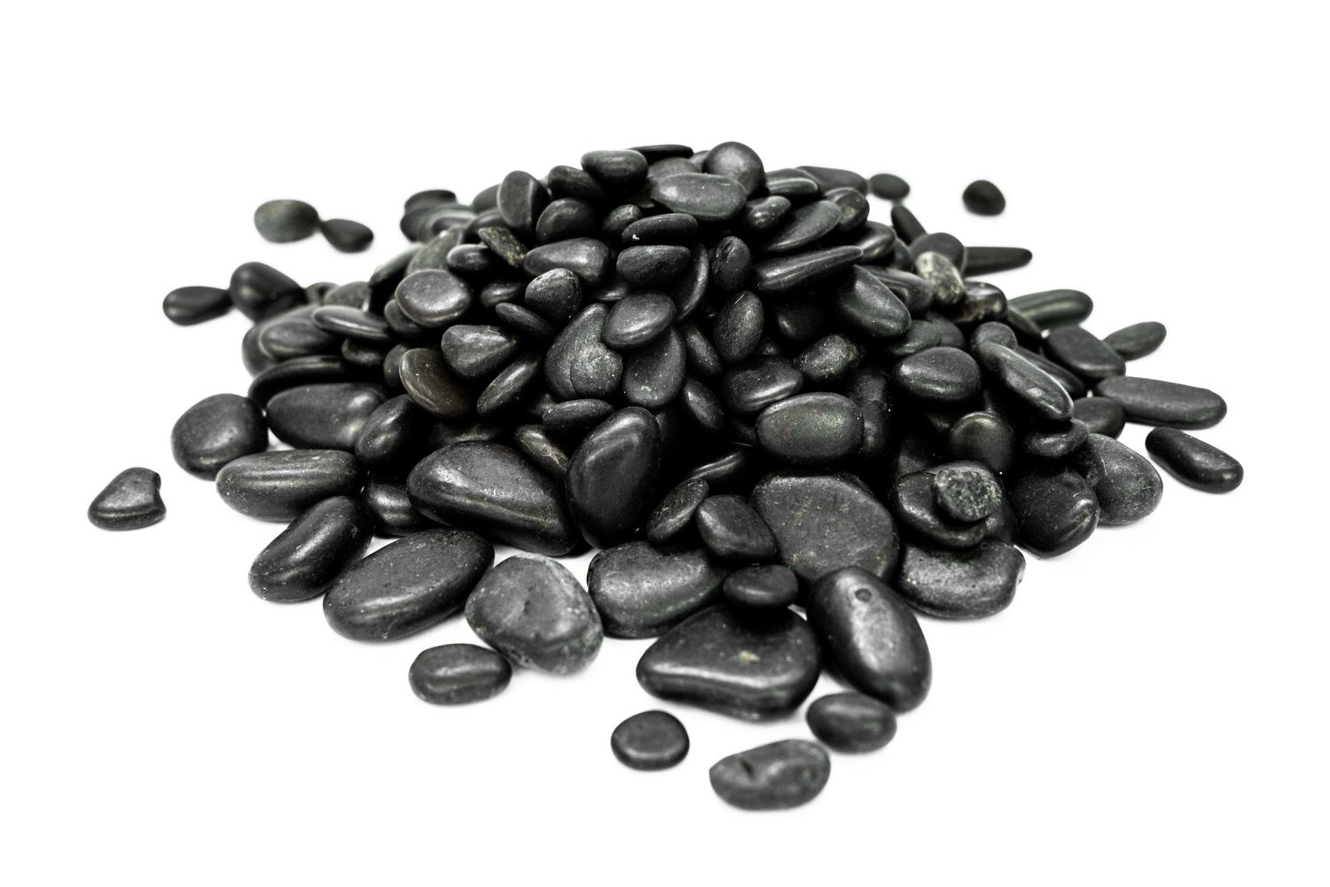 A pile of smooth, black river rocks on a white background.