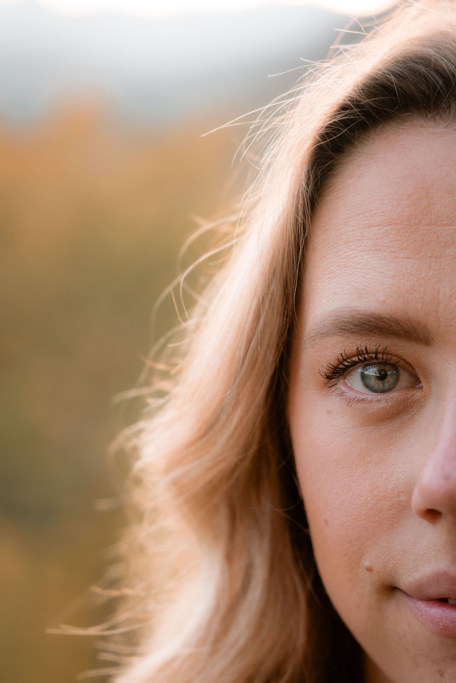 Close-up half-face portrait of young woman with green eyes and auburn hair outdoors.