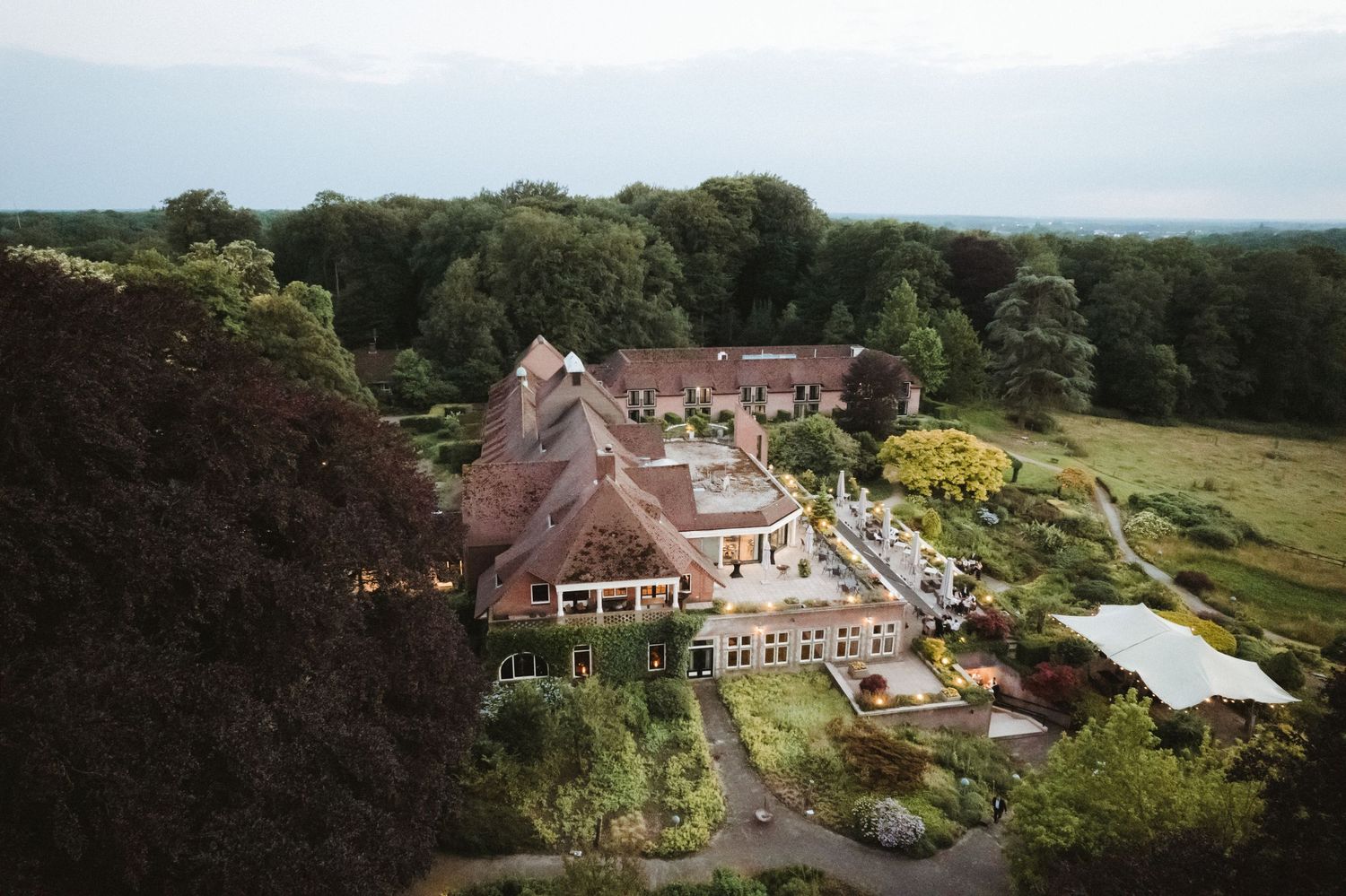 beautiful wedding location from drone at the sunset