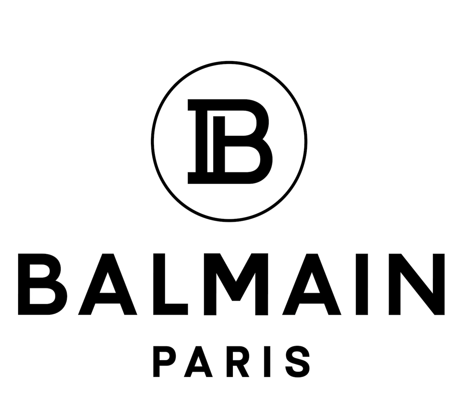 Series of luxury fashion brand logos including Balmain and Paris in minimal black text.