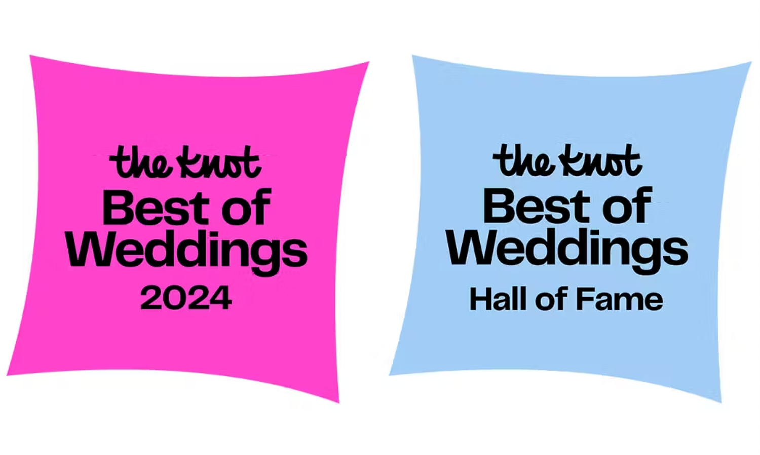 The Knot Best of Weddings and Hall of Fame award badges in pink and blue.