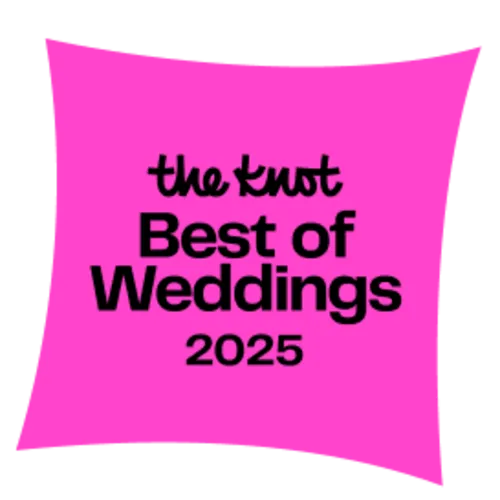 Pink wedding award banners from The Knot showing Best of Weddings 2025.