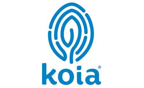 Collection of blue circular Koia brand logos with different geometric patterns and designs.