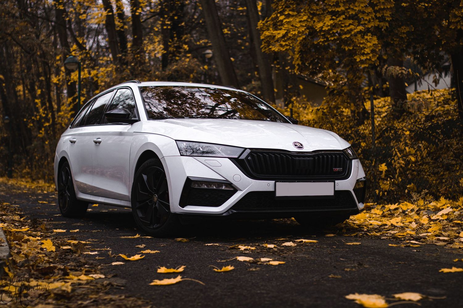 White Skoda sport sedan parked on autumn forest road with fallen leaves.