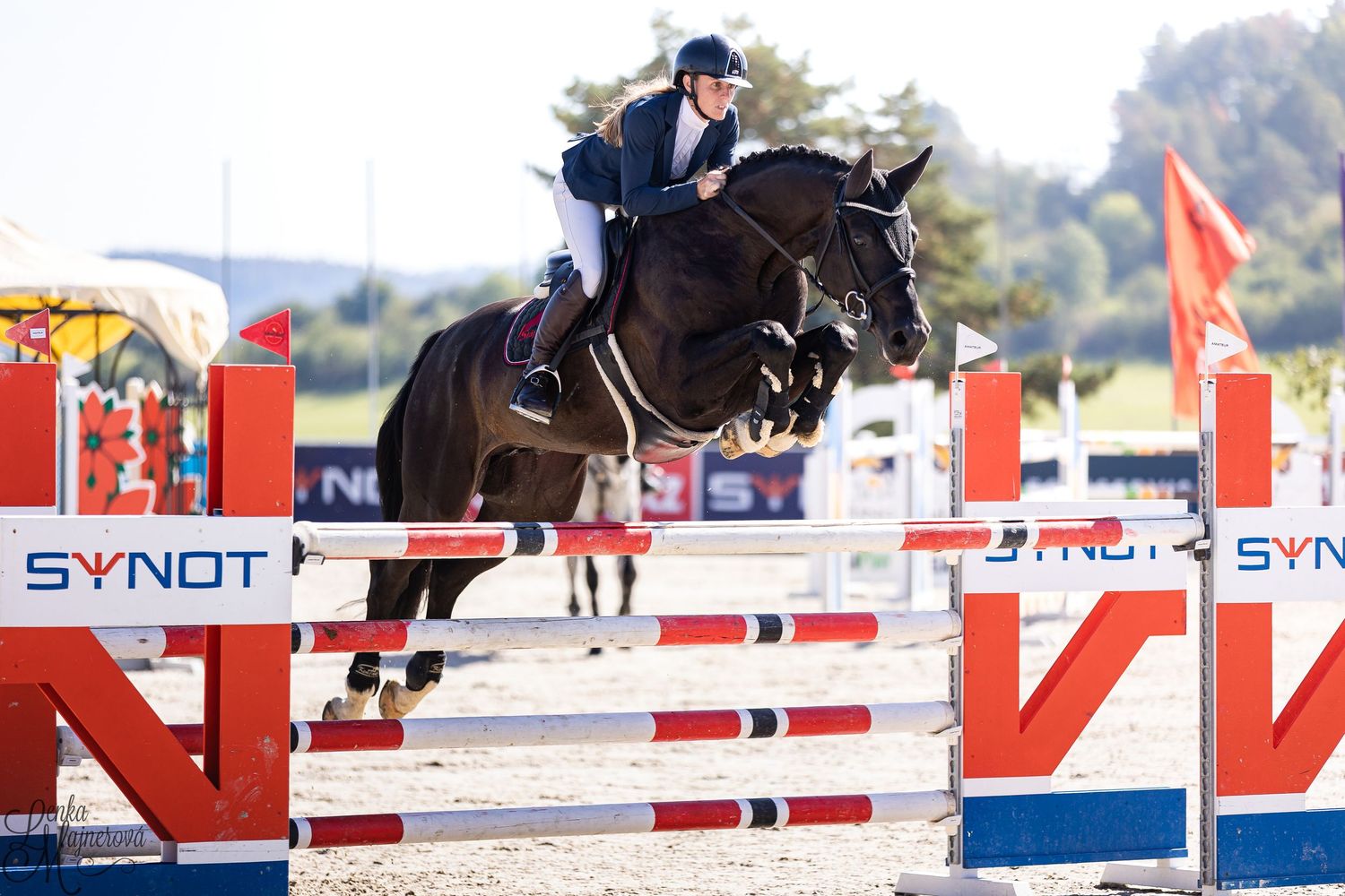 Equestrian rider jumping over red and white obstacle bars during show jumping competition at outdoor arena.