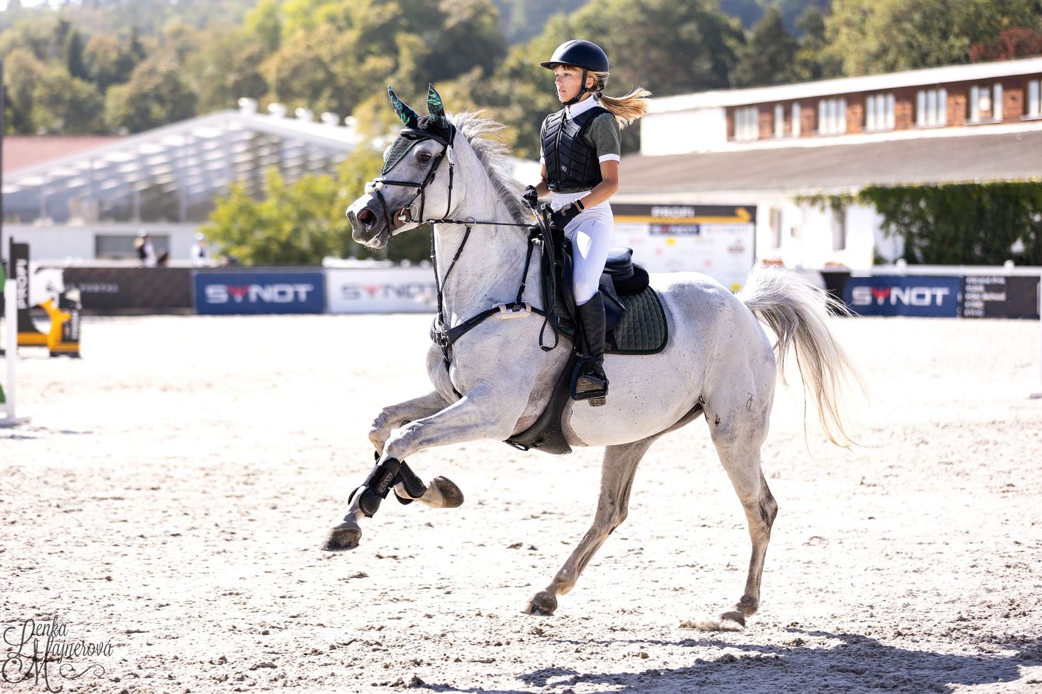 An equestrian rider in black competition attire performs on a dressage horse in an outdoor arena.