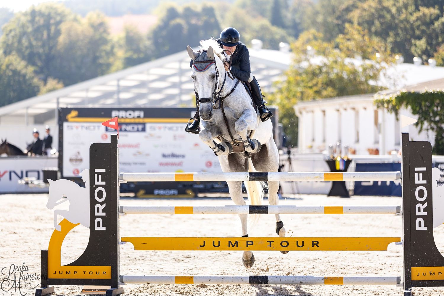 Professional equestrian rider clears a high jump obstacle during a competitive show jumping event.