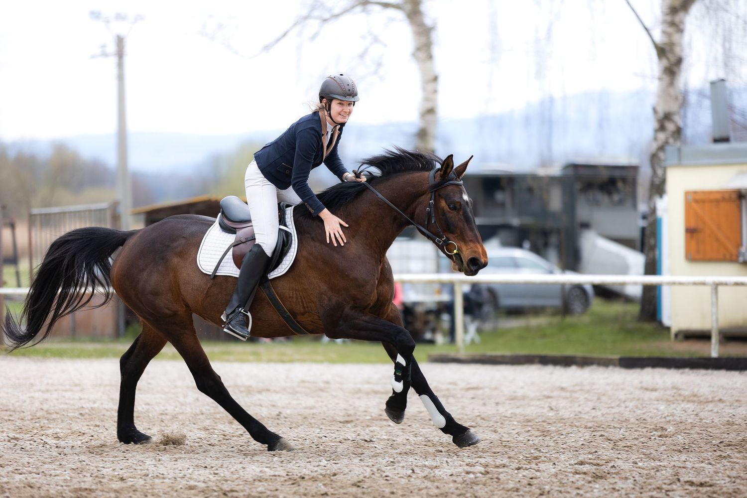 Horse and rider practicing dressage movements in an outdoor arena with natural lighting.