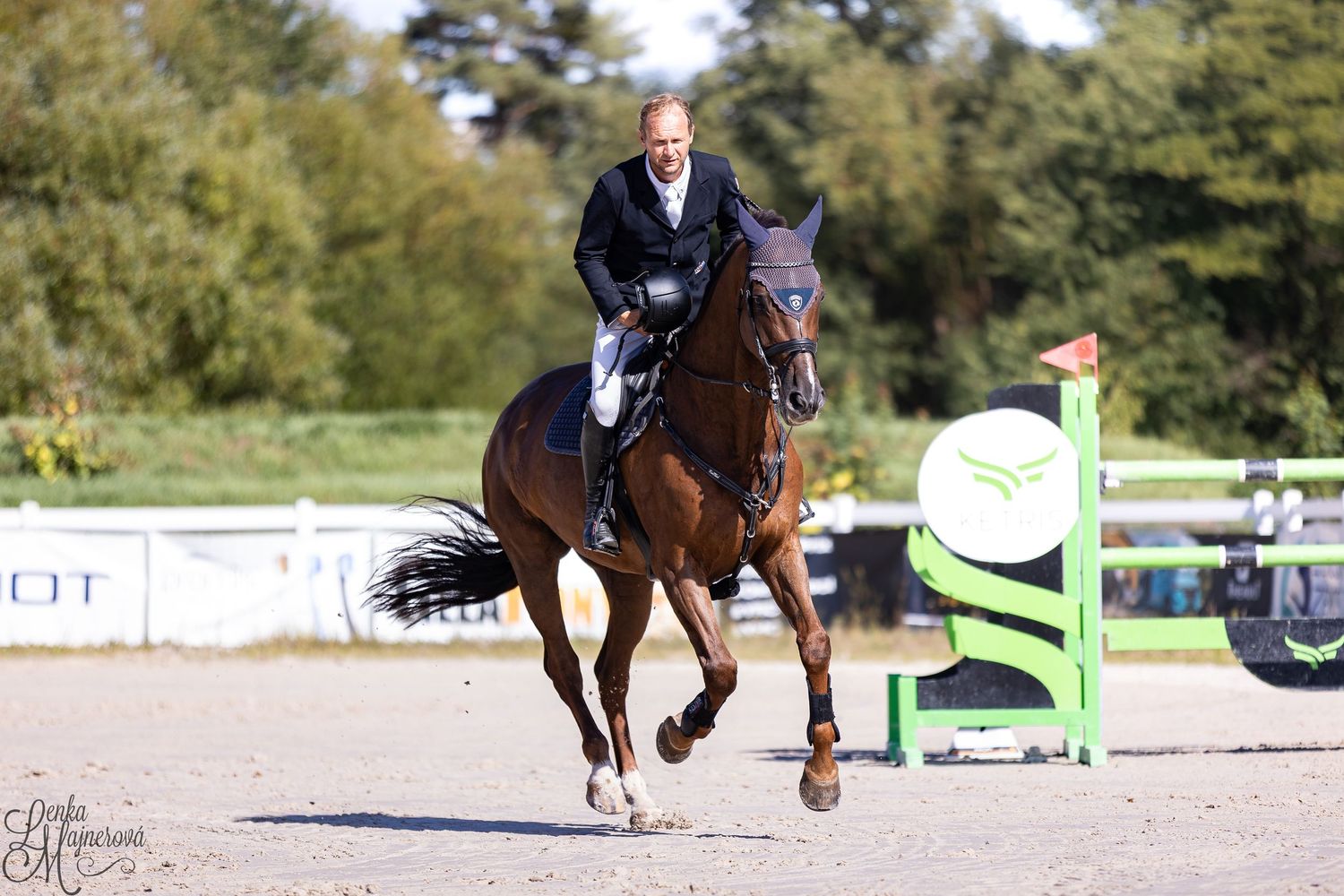 A sequence of equestrian show jumping photos showing a horse and rider clearing obstacles in an outdoor arena.