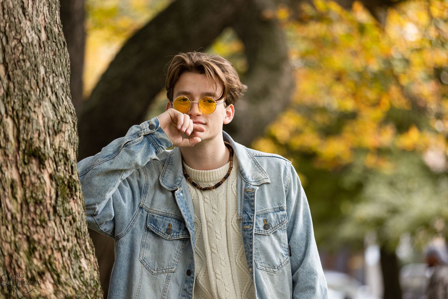 Autumn fashion portrait with denim jacket against golden foliage and tree trunk.