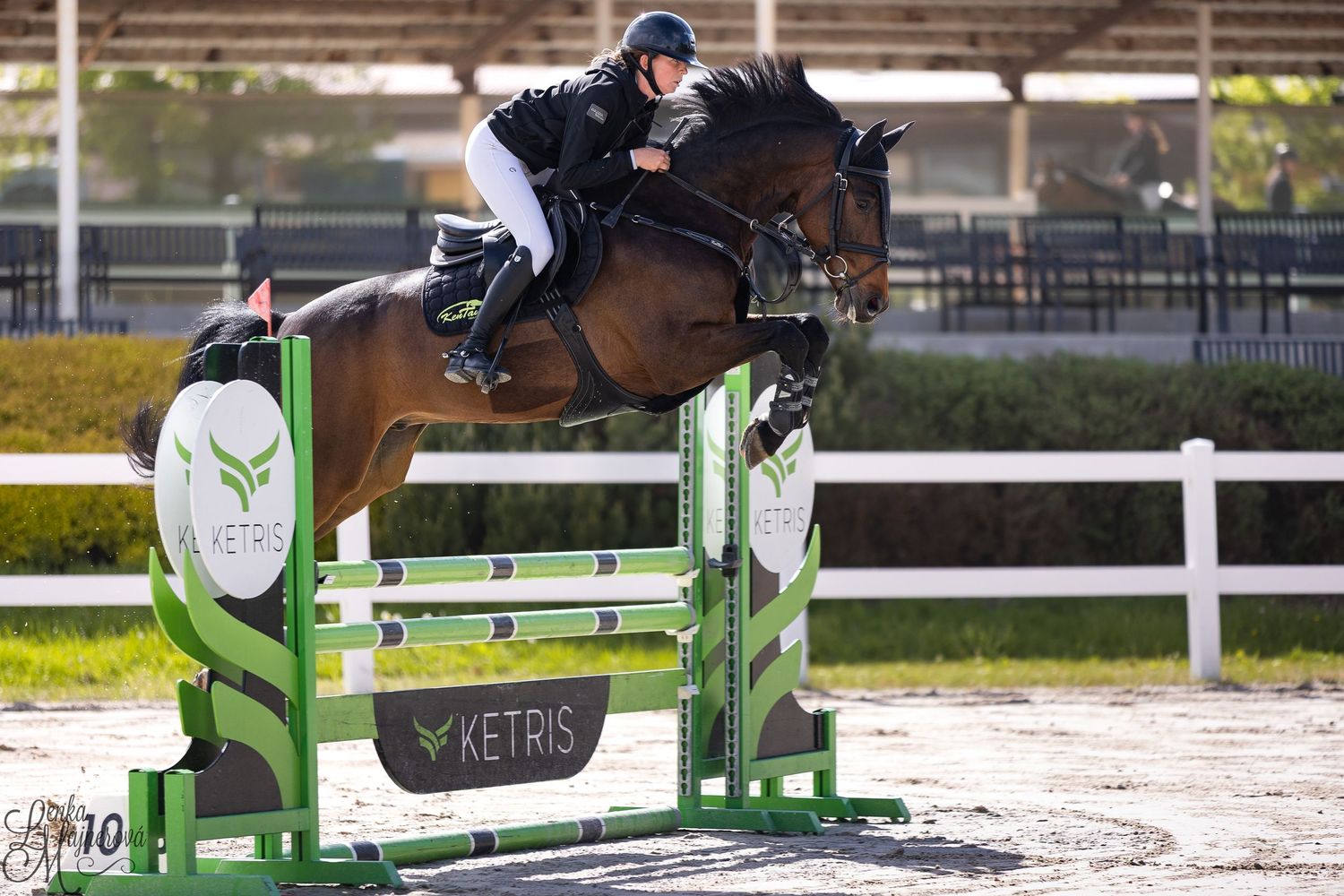 Equestrian rider and horse clearing a green jump obstacle during a show jumping competition in bright sunlight.