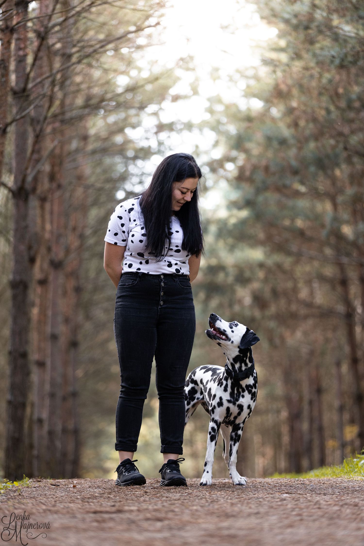 Dalmatian dog and person in polka dot shirt standing on forest path during autumn.