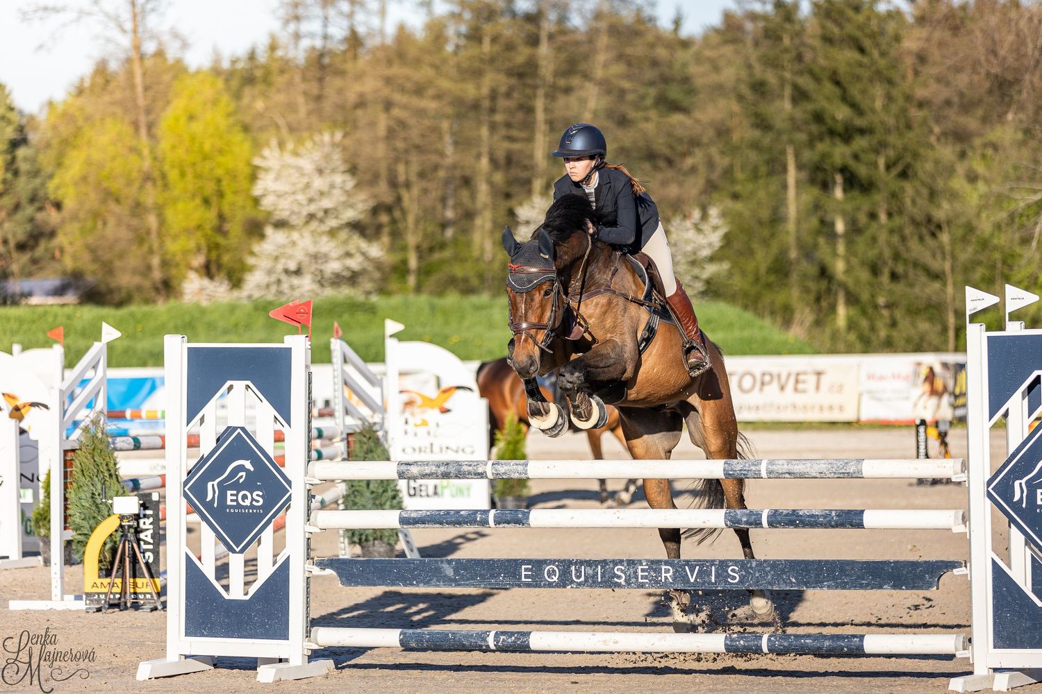 A bay horse and rider mid-jump over a show jumping obstacle with decorative sponsorship panels.