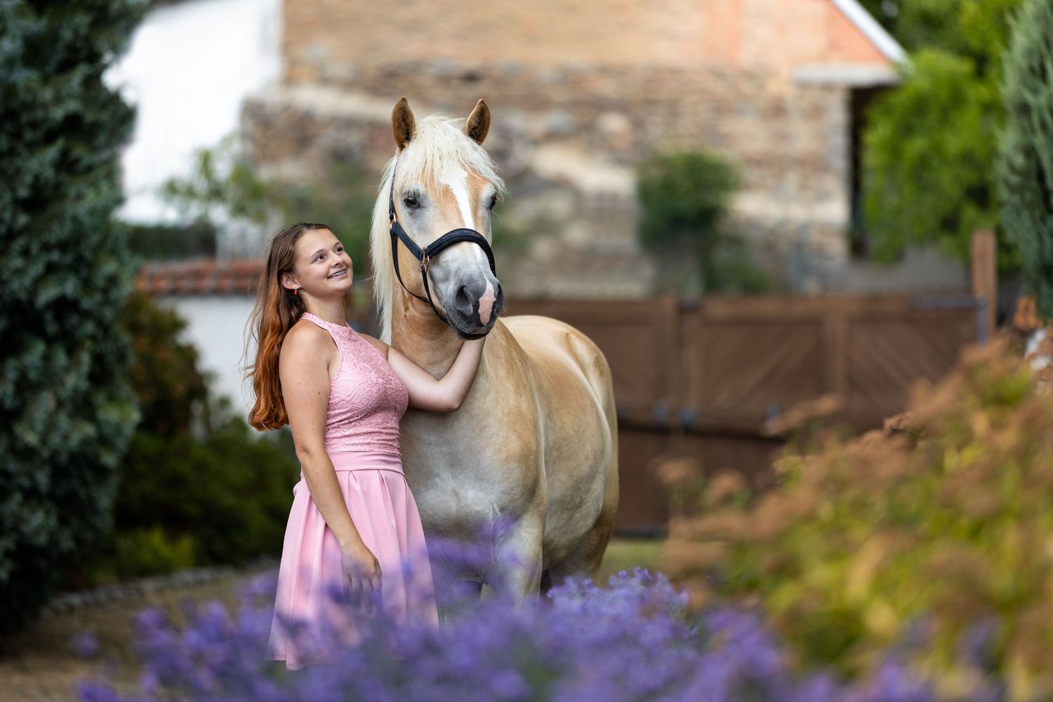 A cream-colored horse stands among purple flowers in a garden setting near a brick building.