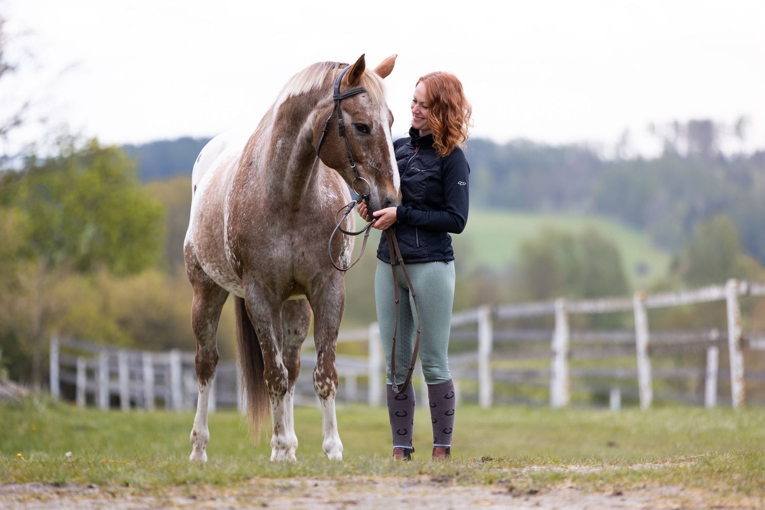 Grey horse and handler sharing moment in pasture with white fence background.