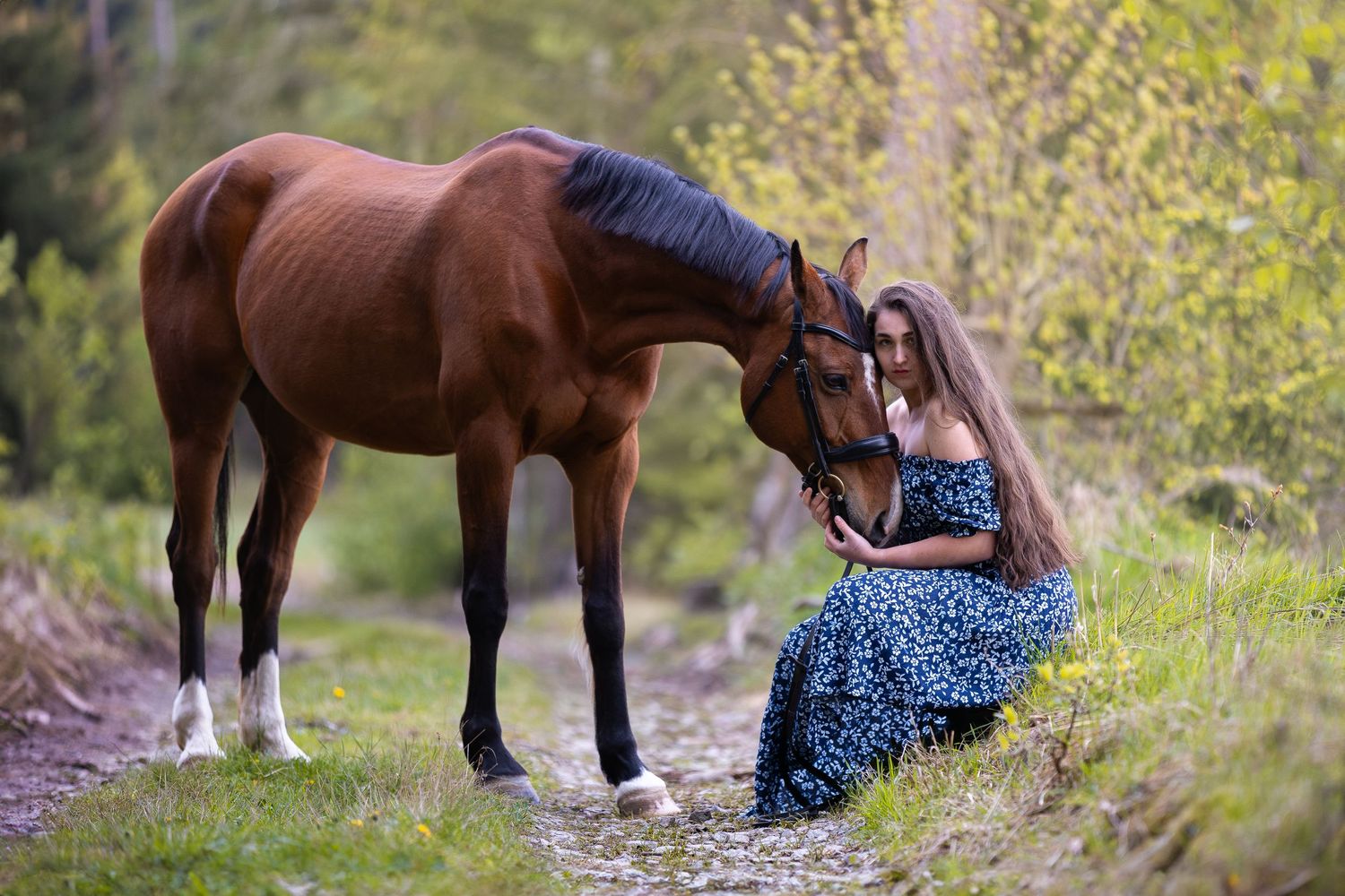 A chestnut horse and someone in a blue polka dot dress sitting together on a grassy path.