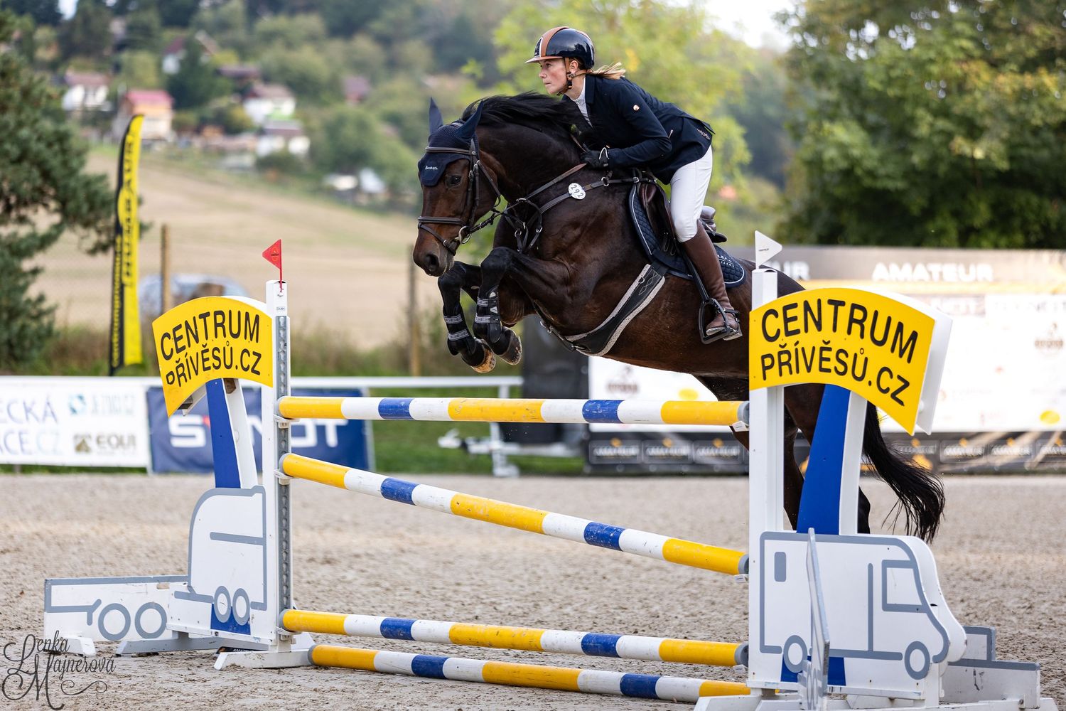 Horse and rider navigate a show jumping course with blue and yellow striped obstacles and Centrum sponsorship banners.