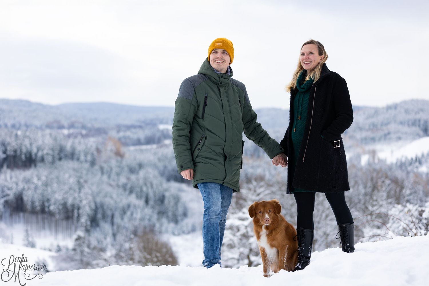 Couple and their dog pose together in a snowy winter mountain landscape.