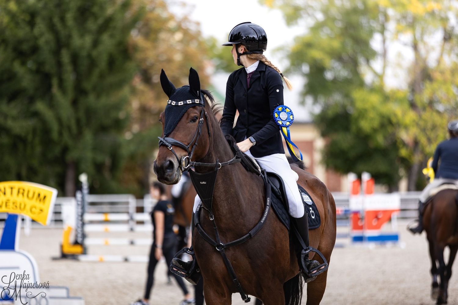 An equestrian rider in navy competition attire guides a brown horse during a dressage event at an outdoor arena.