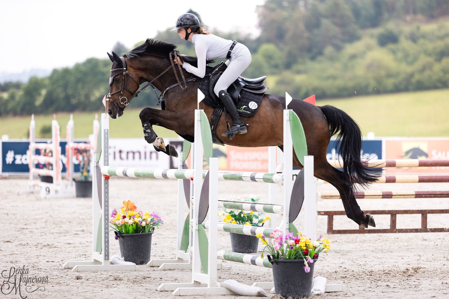 A rider and horse leap gracefully over a show jumping fence decorated with colorful potted flowers at an equestrian event.
