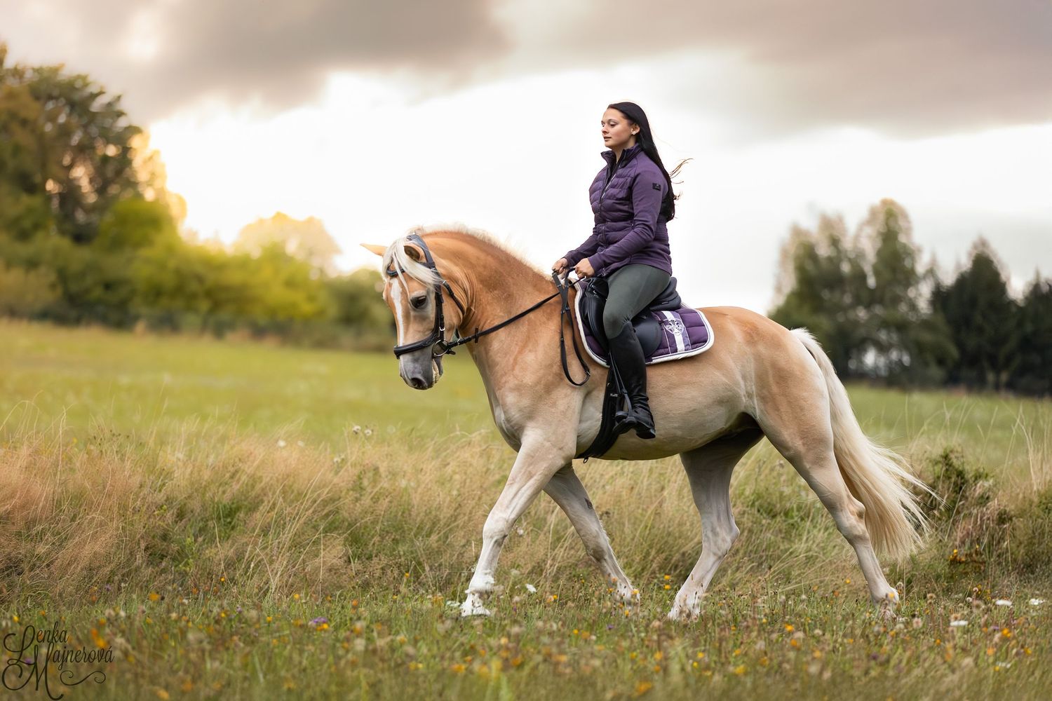 A series of equestrian riders practicing horseback riding in an open field during a cloudy afternoon.