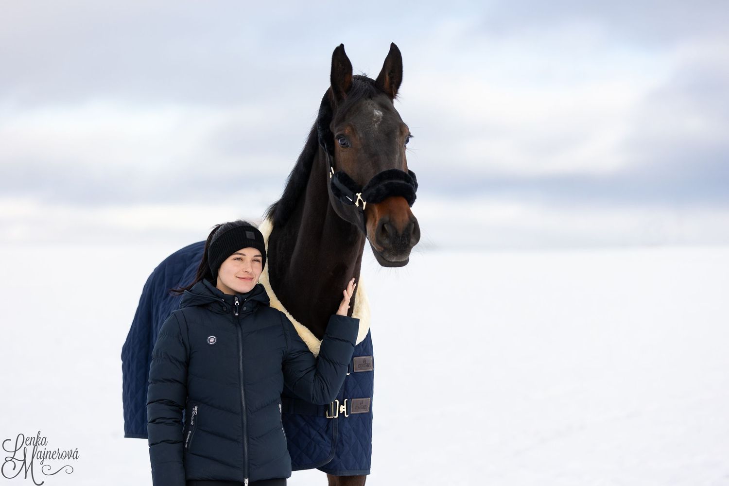 A dark horse stands with someone against a wintry sky background.
