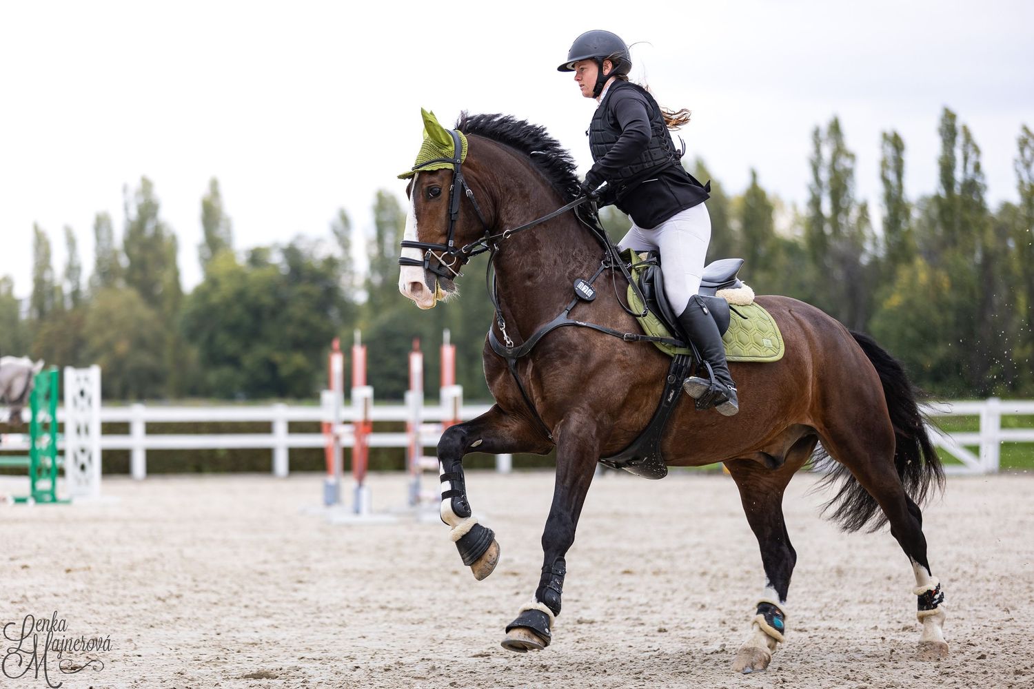 A rider on a brown horse jumps over an obstacle during an equestrian show jumping competition in an outdoor arena.