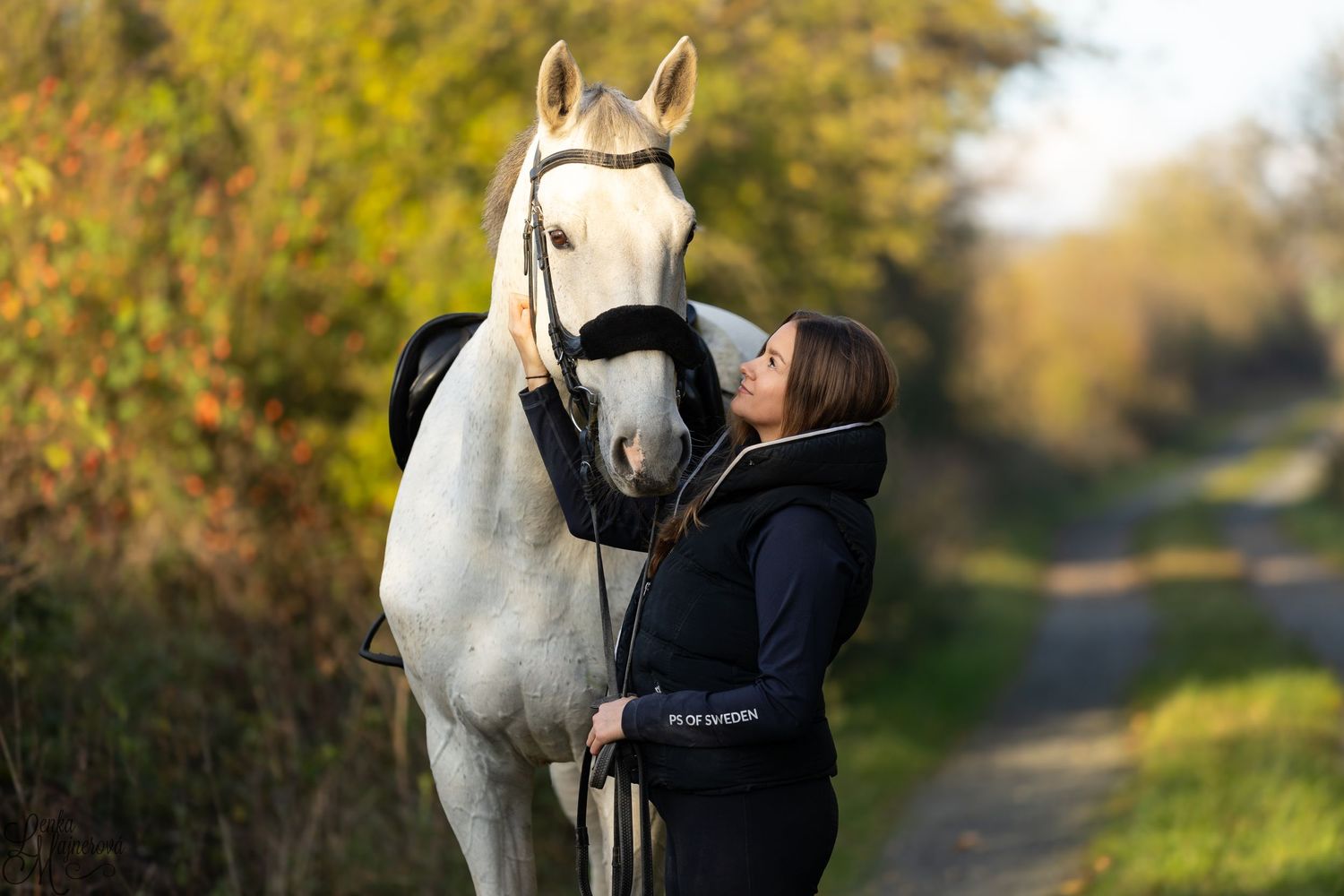 A white horse and person share a tender moment on an autumn path.